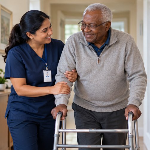 An aide helping an older adult walk
