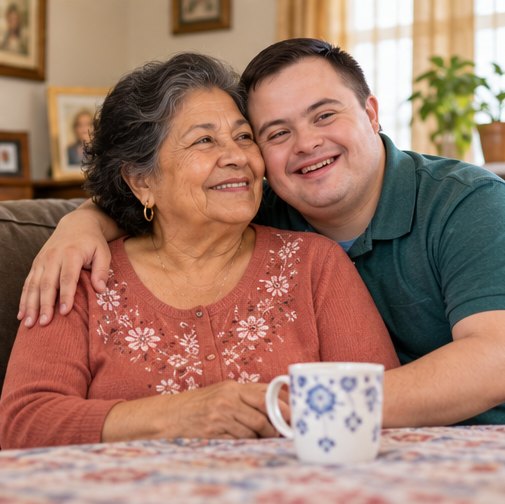 A parent and adult son at home with a caregiver