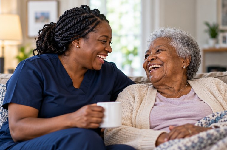 A caregiver with a client at home